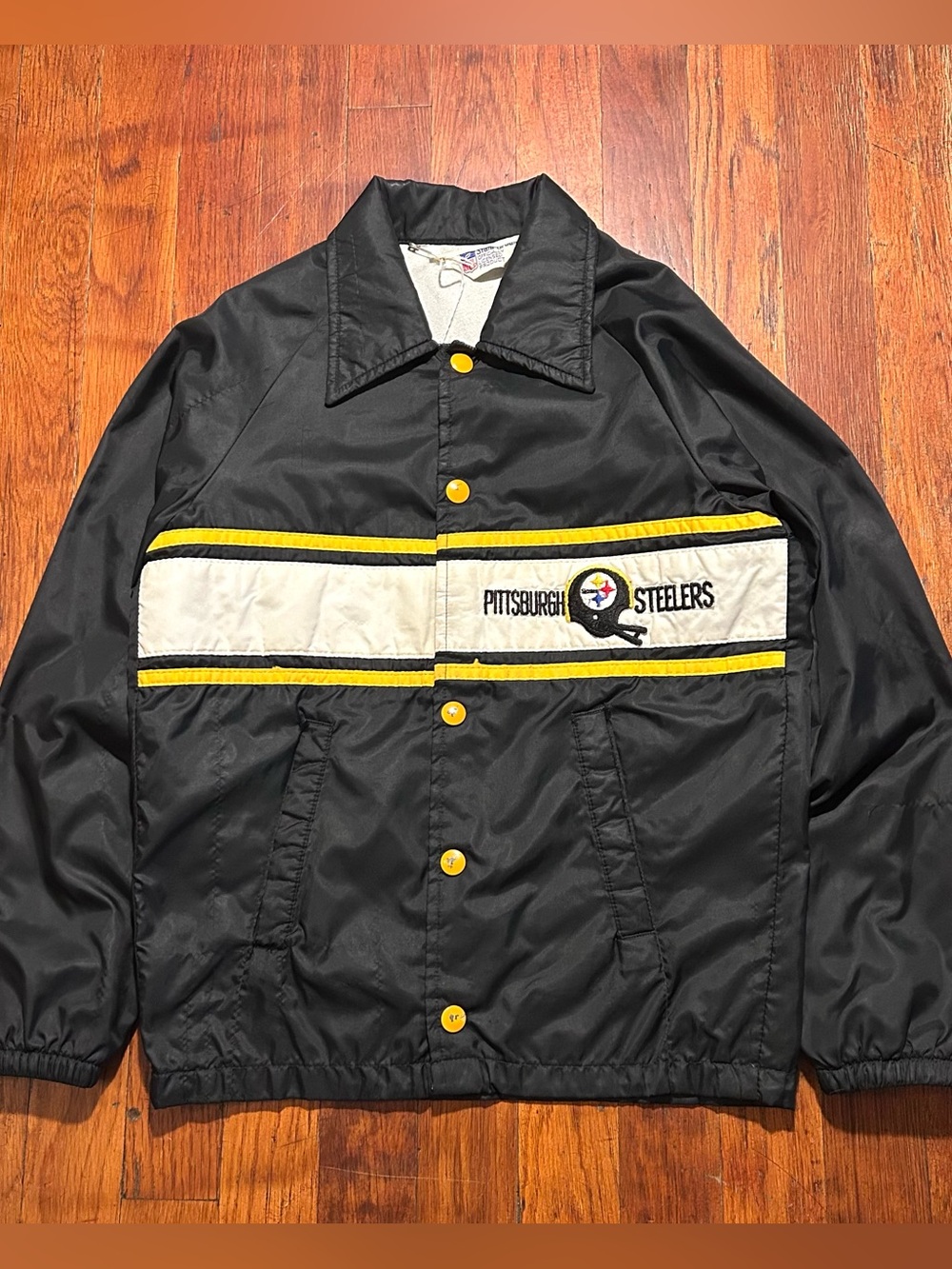 Vintage 70s Pittsburgh Steelers Cloth Lined Embroidered Black Snap Jacket Kids M